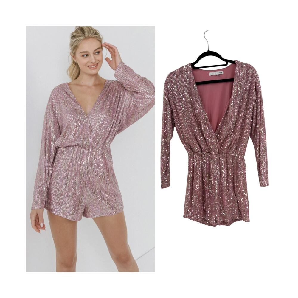 Endless Rose Long Sleeve Sequin Surplice Party Romper Dusty Pink Size XS